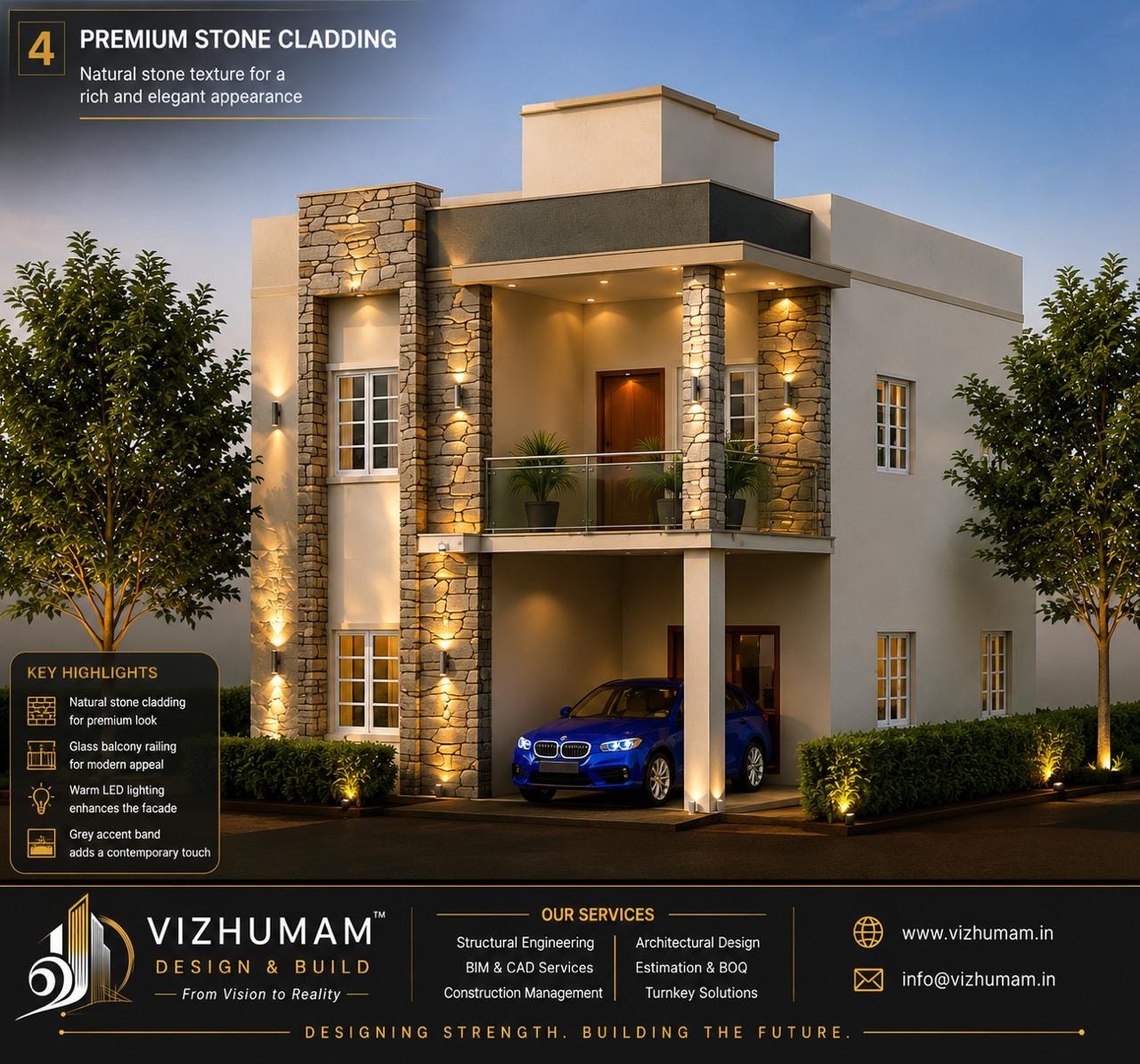 VIZHUMAM™ Design & Build — engineer reviewing structural BIM model with construction site in background
