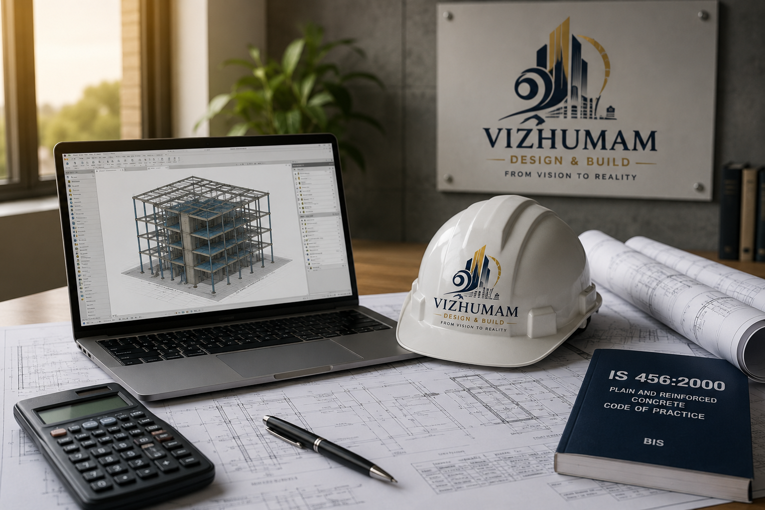 VIZHUMAM engineering workspace with BIM model and structural drawings